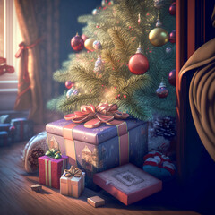 Fototapeta na wymiar Presents with different decorations under the christmas tree. AI generated illustration