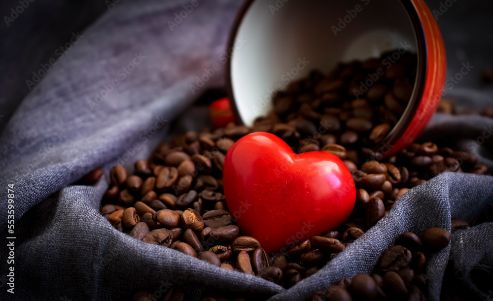 Wall mural coffee beans, cup, heart on old background