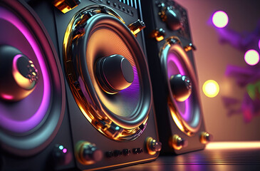 Obraz premium Three music reproductors and neon light reflections on them. Postproducted generative AI digital illustration.