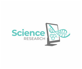 Data analysis in the laboratory logo design. Scientific lab with computer monitor and dna helix vector design. Scientific research of treatment development graphic design