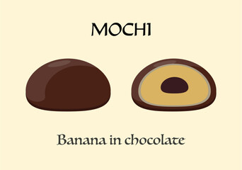 Japanese dessert mochi. Banana in chocolate. Vector illustration., 
