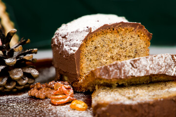 homemade christmas cake on the dark background