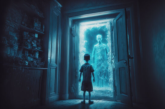Young boy looking at blue levitating ghost at doorway in the haunted house. Postproducted generative AI digital illustration.