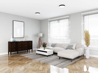 Living room with gray walls, blank vertical frame and interior decoration with ornamental plants and lamp. 3d rendering, interior design, 3d illustration
