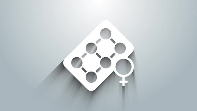 White Packaging of birth control pills icon isolated on grey background. Contraceptive pill. 4K Video motion graphic animation