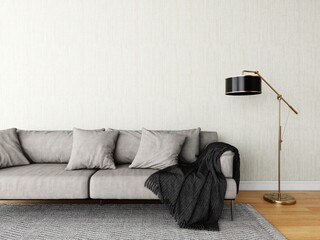Wall mockup of a beige wall and a gray sofa. 3d rendering, interior design, 3d illustration