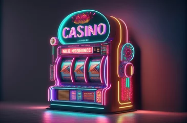 Foto op Plexiglas One neon shining casino slot machine at empty room. Postproducted generative AI digital illustration. © LeArchitecto