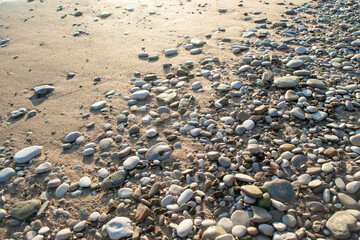 Fototapeta na wymiar Natural background of sea sand and pebbles on the beach in the rays of the setting sun close-up.