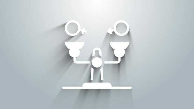 White Gender equality icon isolated on grey background. Equal pay and opportunity business concept. 4K Video motion graphic animation