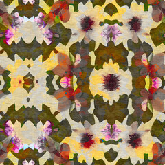 Retro kaleidoscope floral seamless pattern. Vintage geo gender neutral fashion swatch for botanical cottagecore wallpaper. Trendy watercolor for splotched flower texture. 