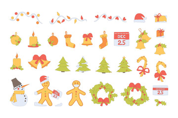 Christmas illustration set. New Year decorative vector elements, colorful holiday cartoon illustrations, isolated on white background. New Year holidays, Christmas Eve celebration and decoration.