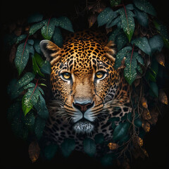 3D illustration, beautiful image of a jaguar head, between trees, dark background, 3D rendering. - obrazy, fototapety, plakaty