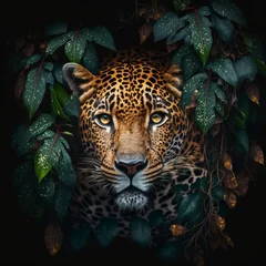 Foto op Plexiglas 3D illustration, beautiful image of a jaguar head, between trees, dark background, 3D rendering. © Jorge Ferreiro