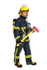 Full body young African American man in uniform of fireman with breathing air cylinder apparatus and full facepiece respirator and axe in hands, isolated on white background