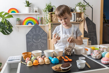 Male kid childish kitchen staff playing public catering service cafe counter ice cream toy imitation