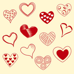 Fototapeta na wymiar Hearts with different designs. Vector design. Hearts with patterns.