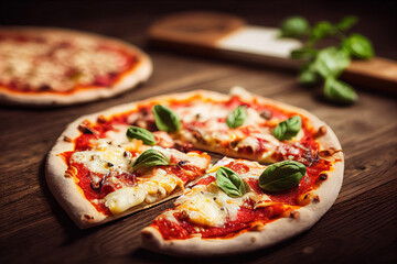 A four cheese pizza with cooking ingredients on the rustic wooden table.