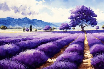 Watercolor lavender field. Violet background. illustration art. Digital painting. Generative AI.	