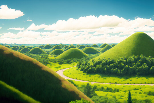 Green plain slope. green landscape. illustration art. Digital painting. Generative AI.