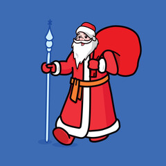 Ded Moroz walks with a bag of gifts and a staff. Santa Claus flat winter vector illustration