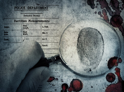 The detective examines a fingerprint, a drop of blood. Overlay effect. Background on the theme of the criminal police and the fight against crime.