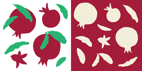 Flat pomegranate vector shapes. Pomegranate fruit, leaves and flower abstract elements