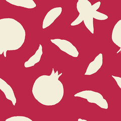 Pomegranate seamless pattern. Bold vector background with pomegranate, leaves and flowers  shapes - 553605622