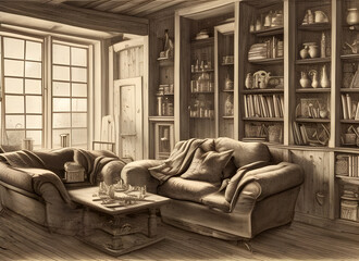 rustic farmhouse room interior with old furniture, sofas and books and objects on shelves, generative ai illustration