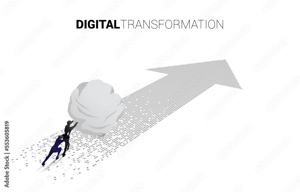 Poster silhouette of businessman pushing the big rock on the arrow from pixel. concept of digital transform
