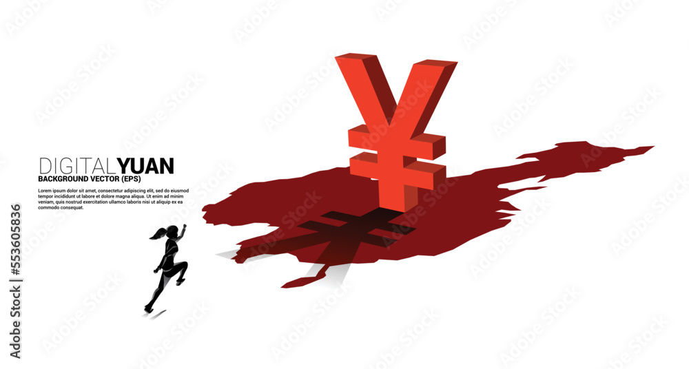 Poster silhouette of businessman running with money yuan currency icon 3d with shadow on china map. concept