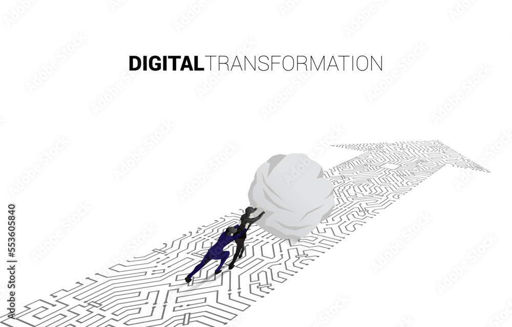 Poster silhouette of businessman pushing the big rock on the arrow dot connect circuit board style. concept