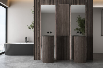 Modern bathroom interior with concrete floor, black white bathtub and double basin, shower, wooden wall, plant and city view from windows. Minimalist bathroom with modern furniture. 3D rendering