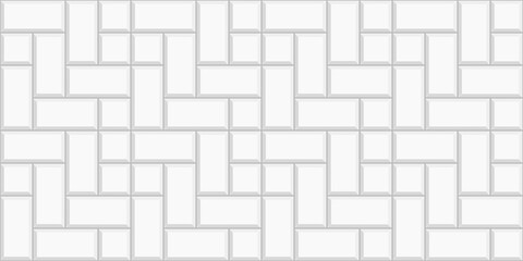 White cobblestone tile background. Sidewalk texture. Stone or ceramic brick wall pattern. Kitchen backsplash mosaic surface. Bathroom, shower or toilet floor decoration. Vector flat illustration