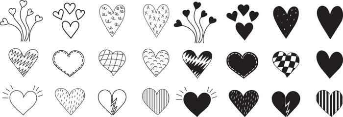 heart doodle set, sketch collection on white background isolated, vector