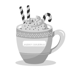 New Year, Christmas illustration of a cup of hot chocolate with sweet whipped cream, with candies and lollipops in black and white colors
