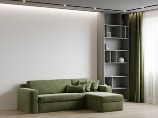 Living room with large sofa and bookcase shelving. White, gray and accent green colors. Empty white wall for art. Elegant lounge space. 3d render