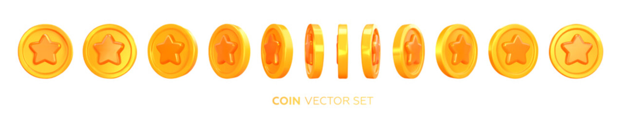 Coin turnaround, rotation at different angles for animation. Turnover of a coin with a star. Rotating in different positions. A set of 3d money in different directions. Vector illustration