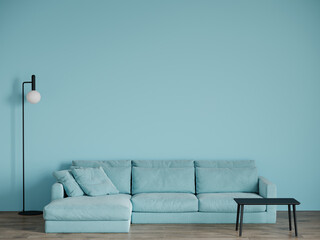 Сhic luxury living room with an unusual color of tiffany or turquoise, teal, azure. Minimalist style interior design lounge space. Empty mockup wall for art. 3d render