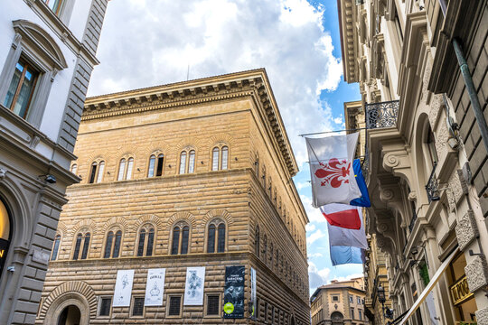 Exterior view of Strozzi Palace, built in 15th century by architect Benedetto da Maiano, Florence city center, Tuscany region, Italy