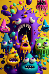 colorful paint splash with little monsters - Generative AI