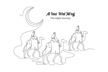 Continuous one line drawing islamic day Al isra Miraj means the two parts of a Night Journey. Islamic events concept. Single line draw design vector graphic illustration.
