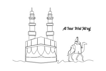 Continuous one line drawing Kabaa and Muslims ride camels. Islamic events concept. Single line draw design vector graphic illustration.
