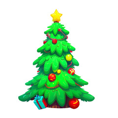 Christmas tree decorated with colorful baubles. Digital illustration cut out
