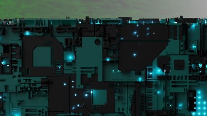 Fototapeta premium Black-dark green futuristic circuit technology with green LED point light. Concept 3D CG of hi-tech digital data connection system, computer electronic design and Sci-Fi Landscape.
