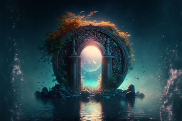 the light of evden a portal ancient gate in the middle of the waters, waters in the celestial sphere of peace, neverland dreamy cosmic beings surrounding in naturef 3d rendering

