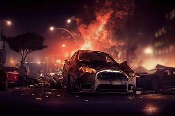 Fototapeta na wymiar urban car incident in at night, involving damaged and smashed car wrecks. After a street accident collision, rollover of smoking generic cars crashed and burning. Concept of drink and drive dangers