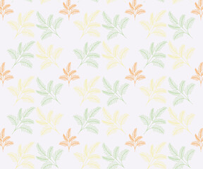 Fototapeta na wymiar Tropical plants vector repeat pattern in green, orange and yellow color plants with pearl white color background.