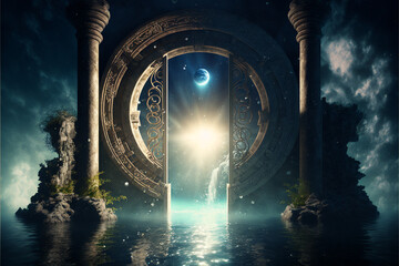 the light of evden a portal ancient gate in the middle of the waters, waters in the celestial sphere of peace, neverland dreamy cosmic beings surrounding in naturef 3d rendering - obrazy, fototapety, plakaty