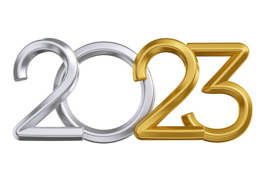 Feliz ano novo 2023 escrita prata e dourada em 3D Isolada