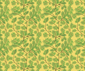 Tropical plants vector repeat pattern with pastel yellow color background